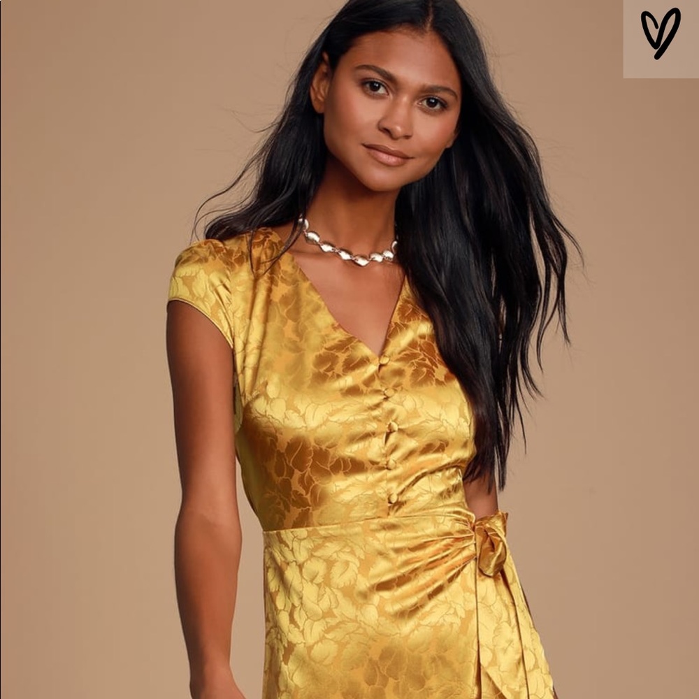 Lulus Iconic Mustard Faux Wrap Dress